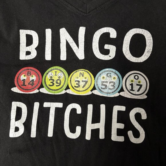 Live and Tell BINGO BITCHES Womens Top Size XL 3/4 Sleeve Black V-Neck Shirt - Picture 4 of 7